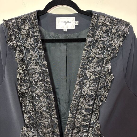 Louise Ricci Black Evening Jacket Women 22 Lace Ruffles Metallic Beaded Wedding - Picture 2 of 9